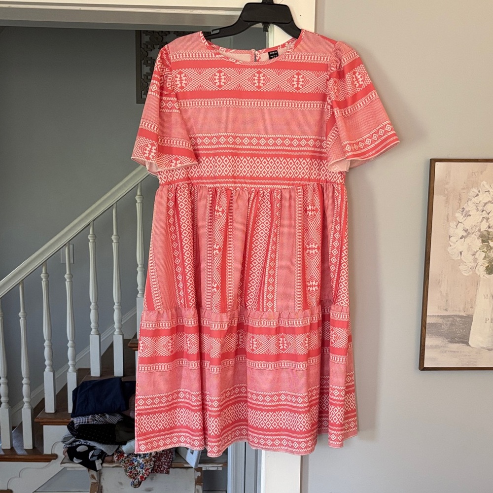 Pink Patterned Short Sleeve Dress